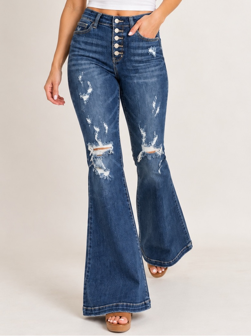Judy Blue Jeans 7/28 Trouser Flare Distressed Button Fly Medium Wash Stretch